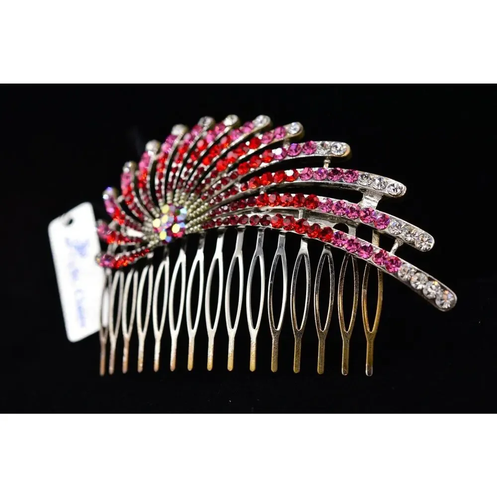 St. Clair Vintage Red Rhinestone Crystal Hair Pin Comb Aurora Borealis Pink